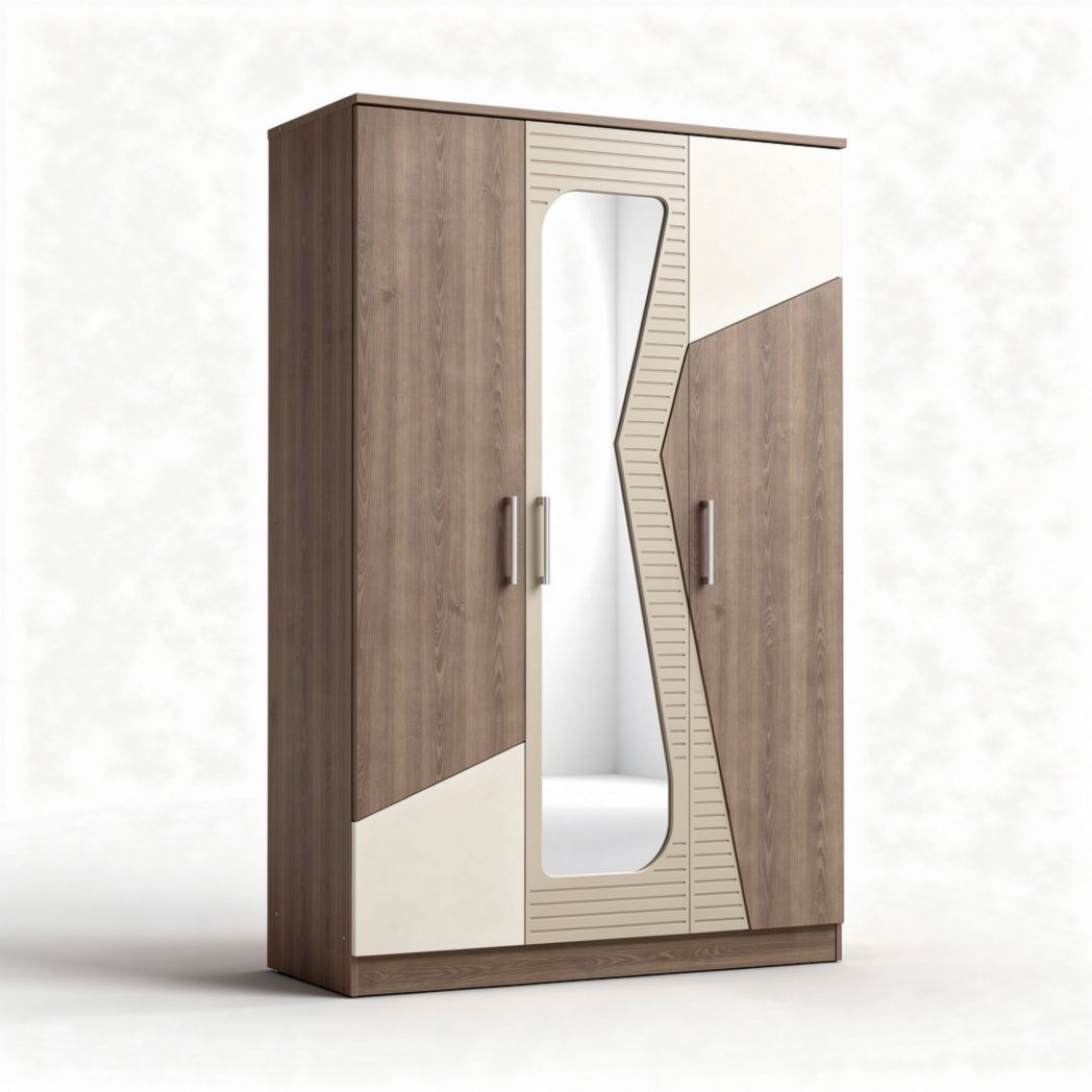 Wooden wardrobe with mirror and geometric design 150 x 80 x 200cm