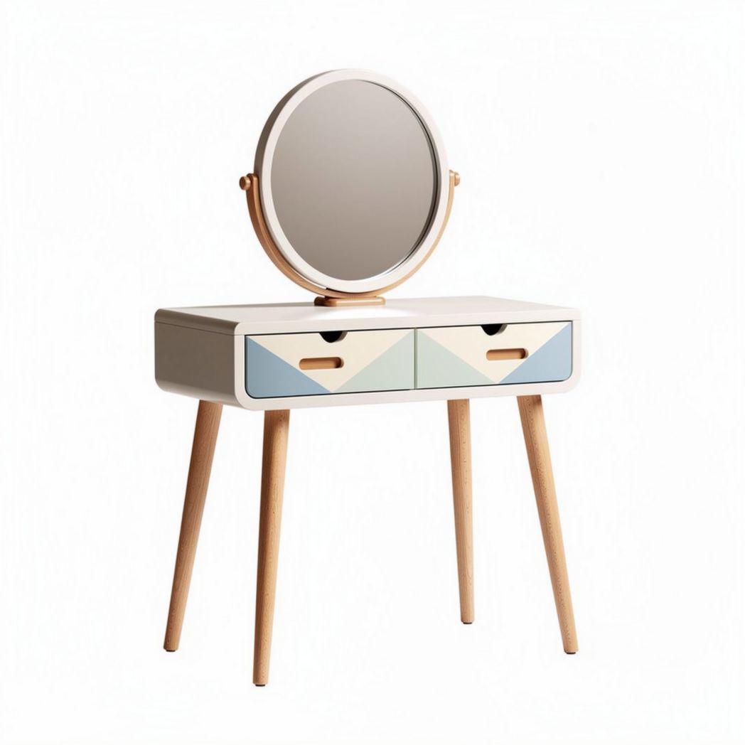 Wooden vanity table with round mirror and two drawers 80 x 40 x 75cm