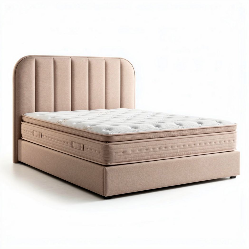 Upholstered queen size bed frame with tufted headboard in beige 200 x 160 x 40cm