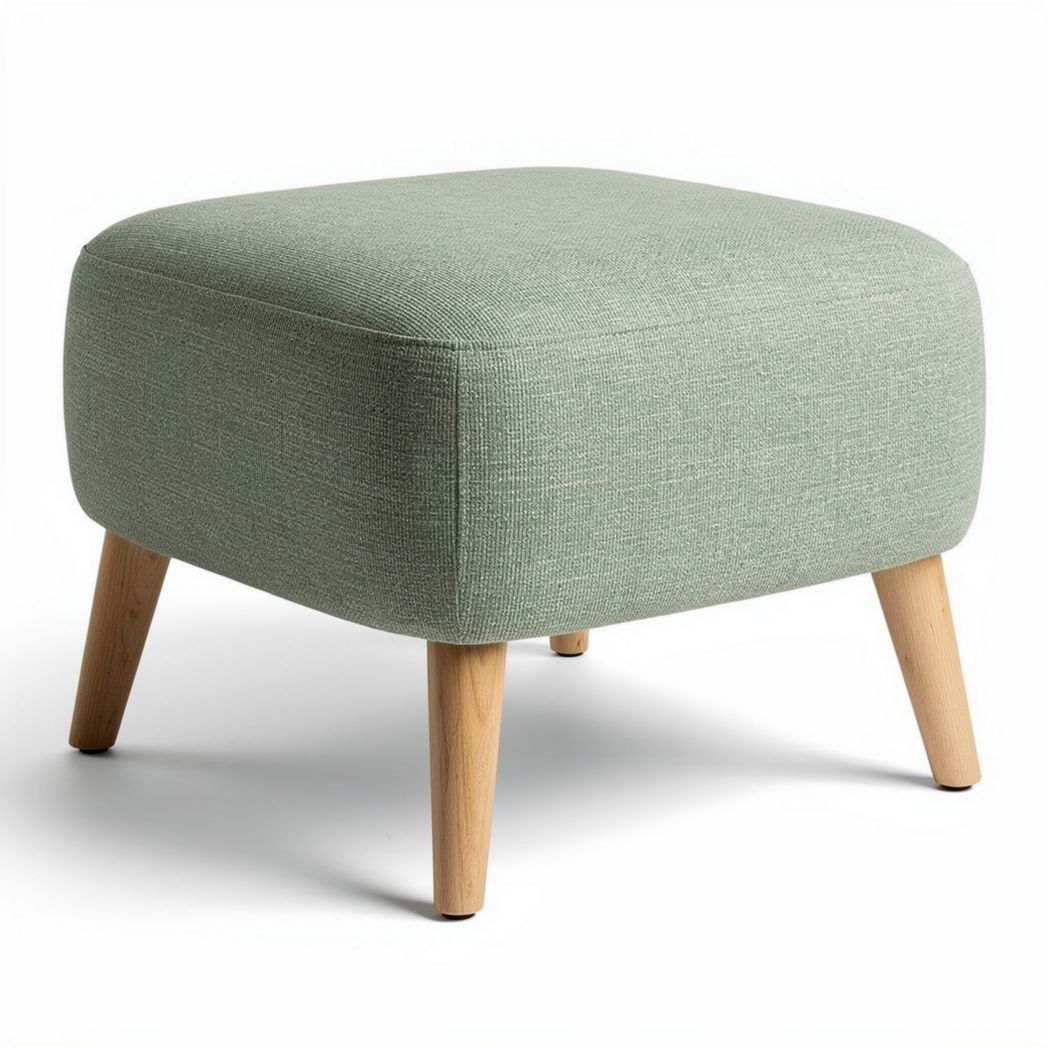 Fabric ottoman stool in light green with wooden legs 45 x 45 x 40cm