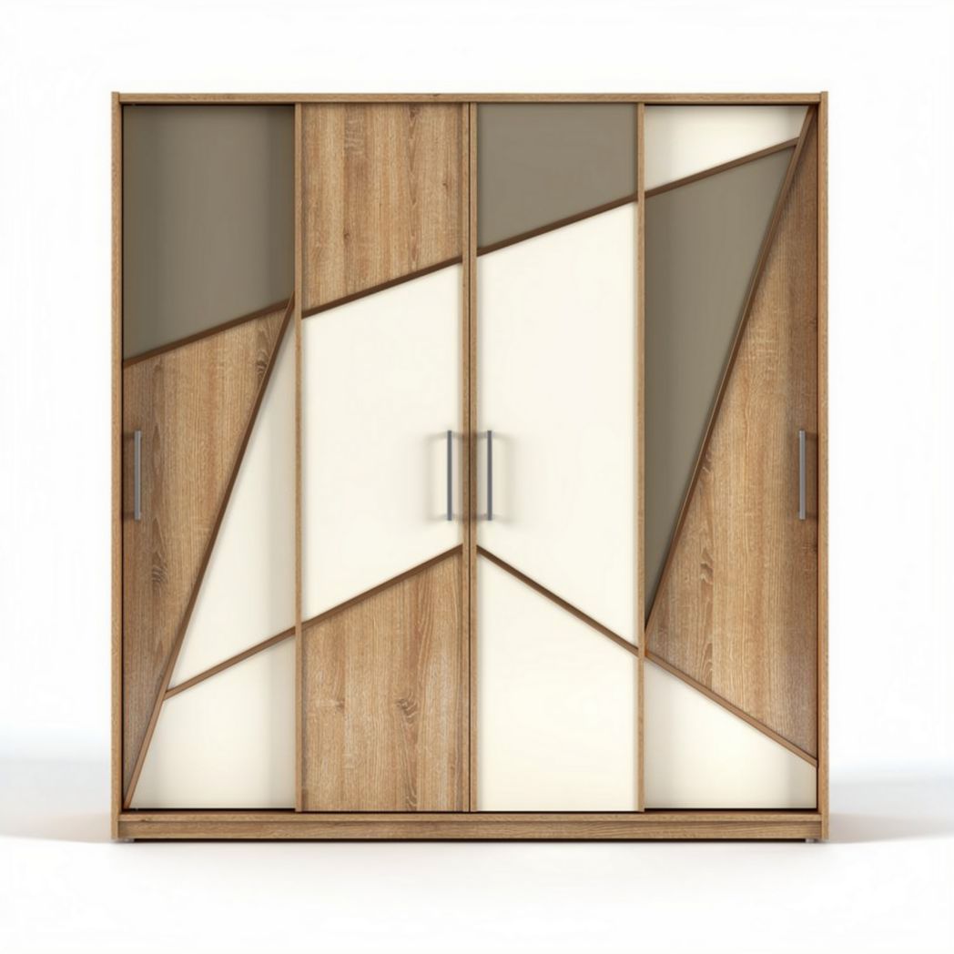 Geometric design wardrobe cabinet with sliding doors and wooden finish