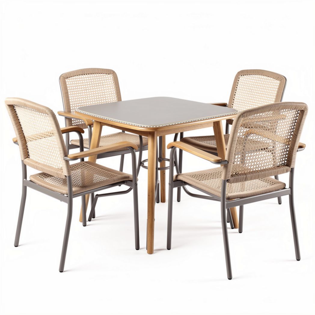 Outdoor dining table set with aluminum frame and woven rattan chairs 120 x 120 x 75cm