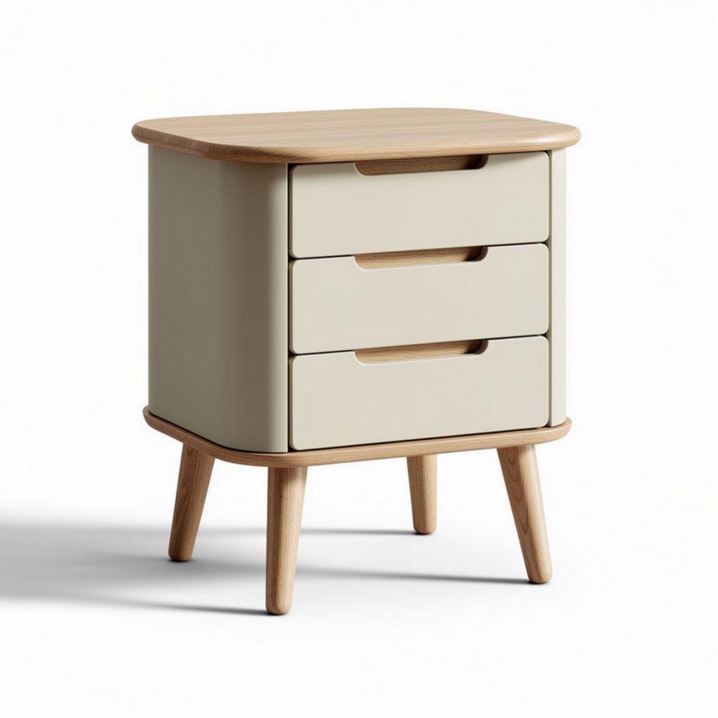 Wooden nightstand with three drawers and rounded top in beige color