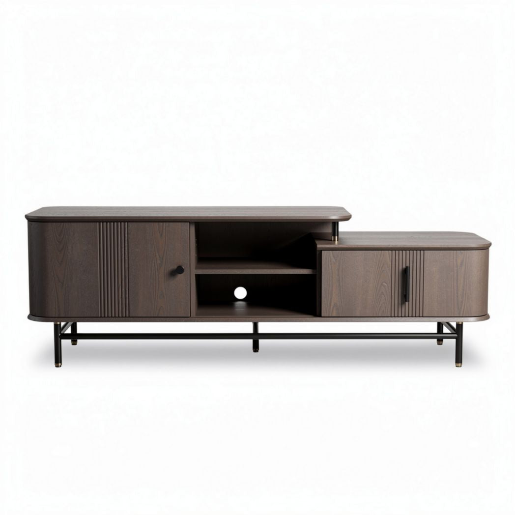 Wooden media console with storage cabinets and metal legs 150 x 40 x 50cm
