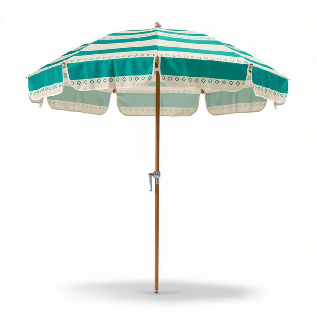 Striped beach umbrella with wooden pole and adjustable height 200 x 200 x 250 cm