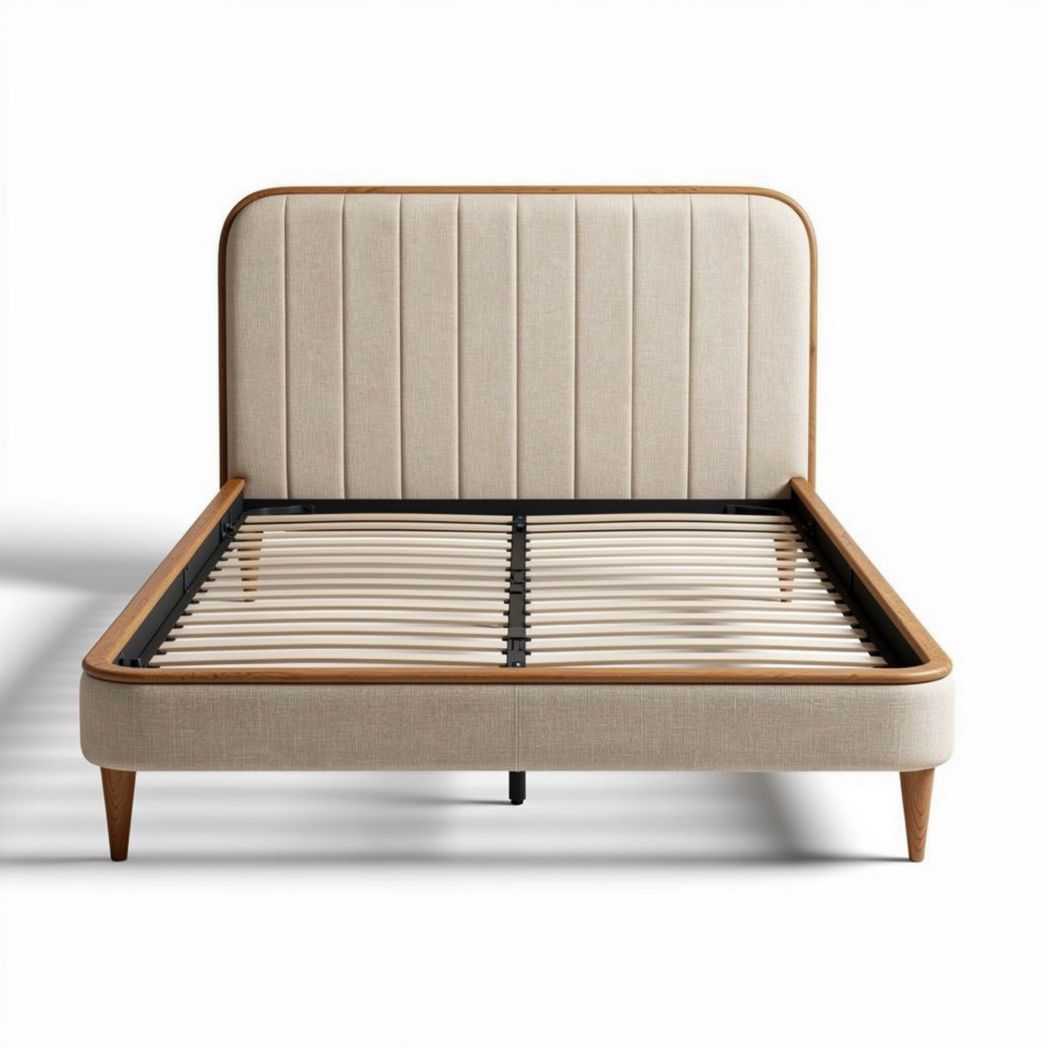 Fabric upholstered bed frame with wooden legs and slatted support system 200 x 160 x 100cm