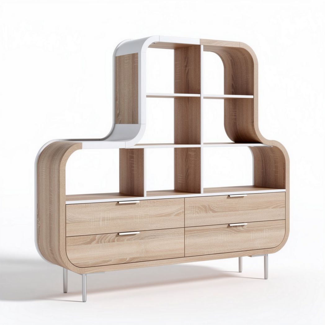 Wooden storage cabinet with open shelves and drawers 160 x 40 x 120cm