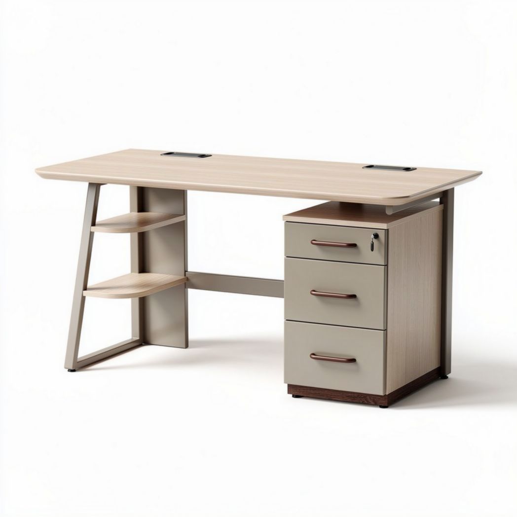 Wooden desk with storage drawers and shelves in light grey finish 150 x 70 x 75cm