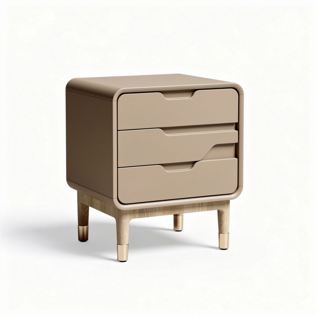 Narrow bedside table with three drawers in beige and wood legs 50 x 40 x 60cm