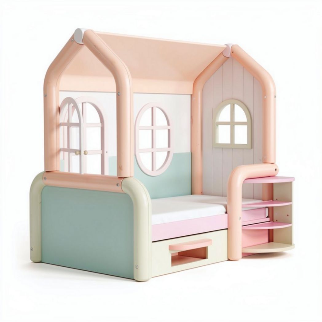 Children's house-shaped bed in pink and green with storage drawers 150 x 80 x 120cm