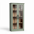 Glass door storage cabinet with wood shelves in sage green 80 x 40 x 180cm