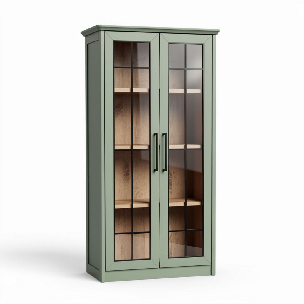 Glass door storage cabinet with wood shelves in sage green 80 x 40 x 180cm