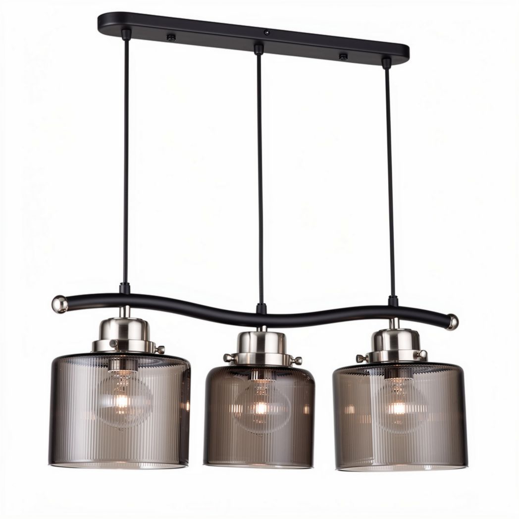 Three-light hanging pendant lamp with glass shades and wood accents 60 x 15 x 25cm