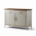 Freestanding storage cabinet with two doors and wooden top in cream color