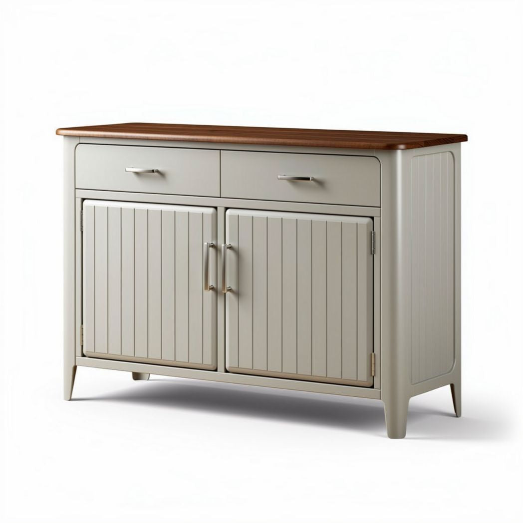 Freestanding storage cabinet with two doors and wooden top in cream color
