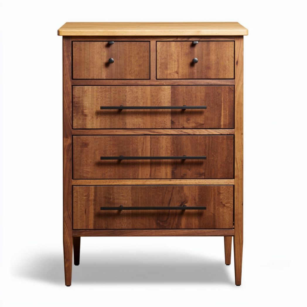 Wooden chest of drawers with five storage compartments and metal handles